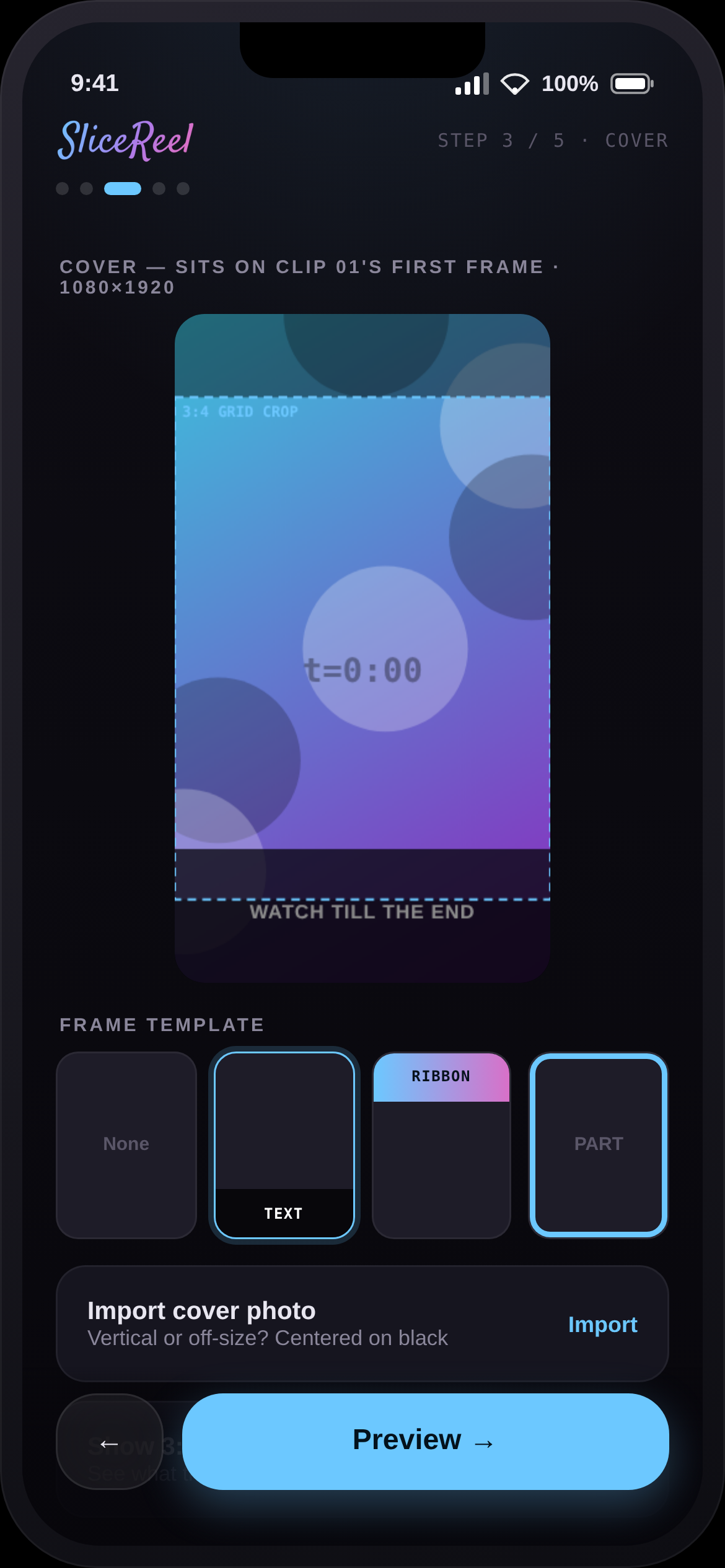 Cover editor showing a cover on the first frame with a 3:4 safe-zone overlay
