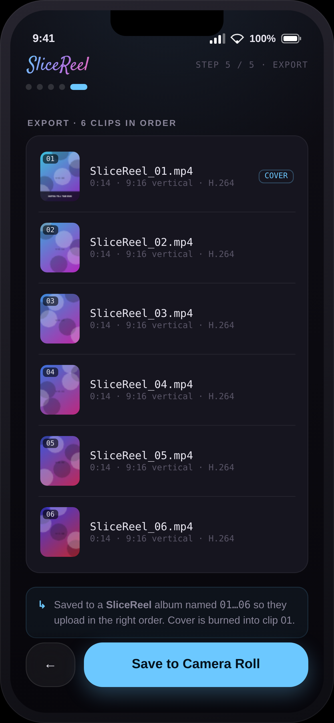 Export screen listing the clips in order with a save-to-camera-roll button
