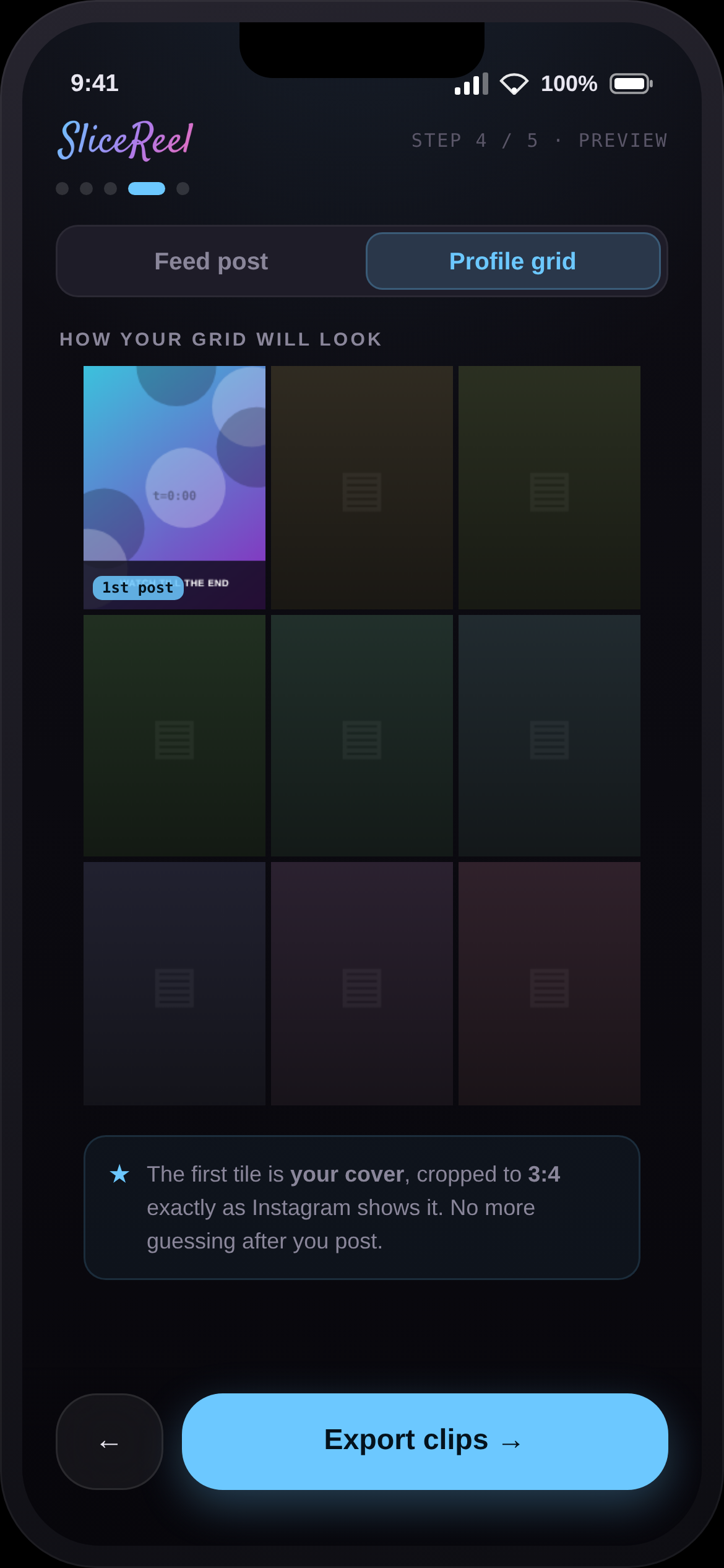 SliceReel showing the profile-grid preview with the exact 3:4 crop of your cover