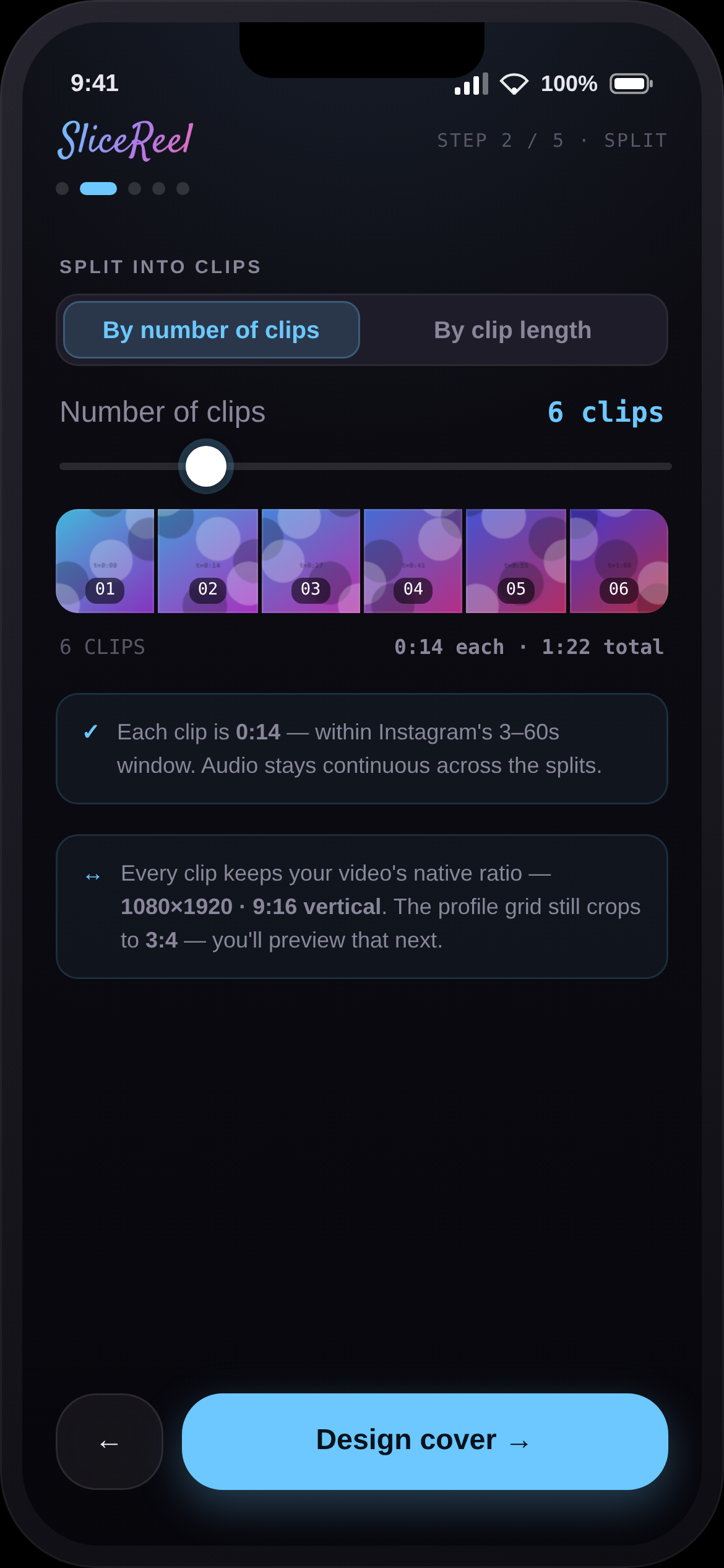 Split screen with a slider and a timeline of clip thumbnails