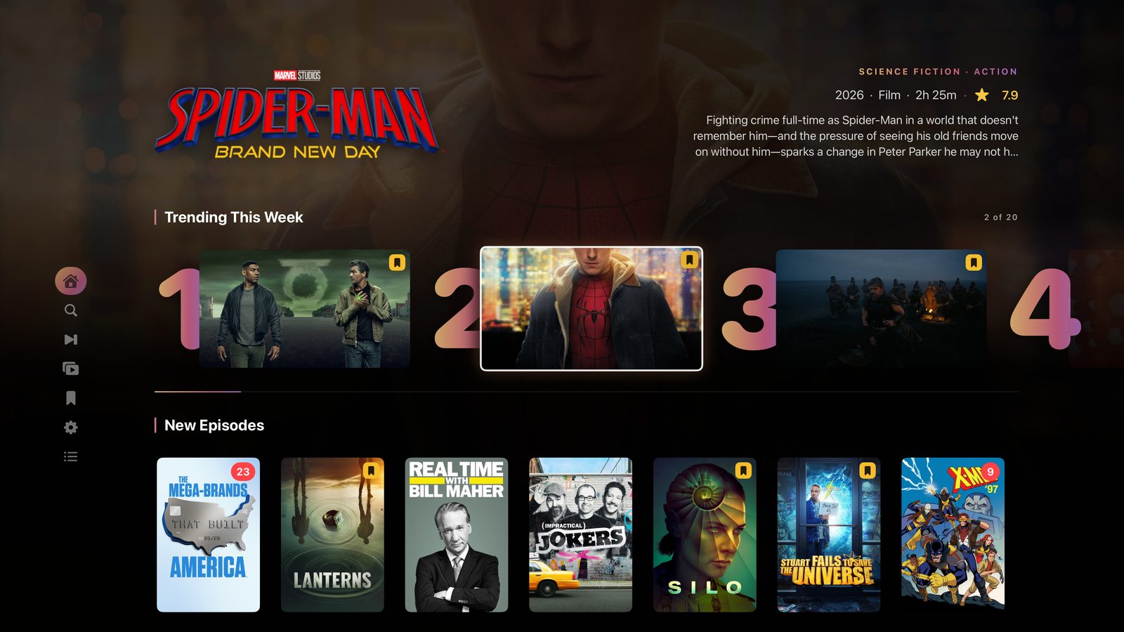 WatchQueue Discover on Apple TV: a Trending This Week hero with a numbered carousel and a New Episodes row