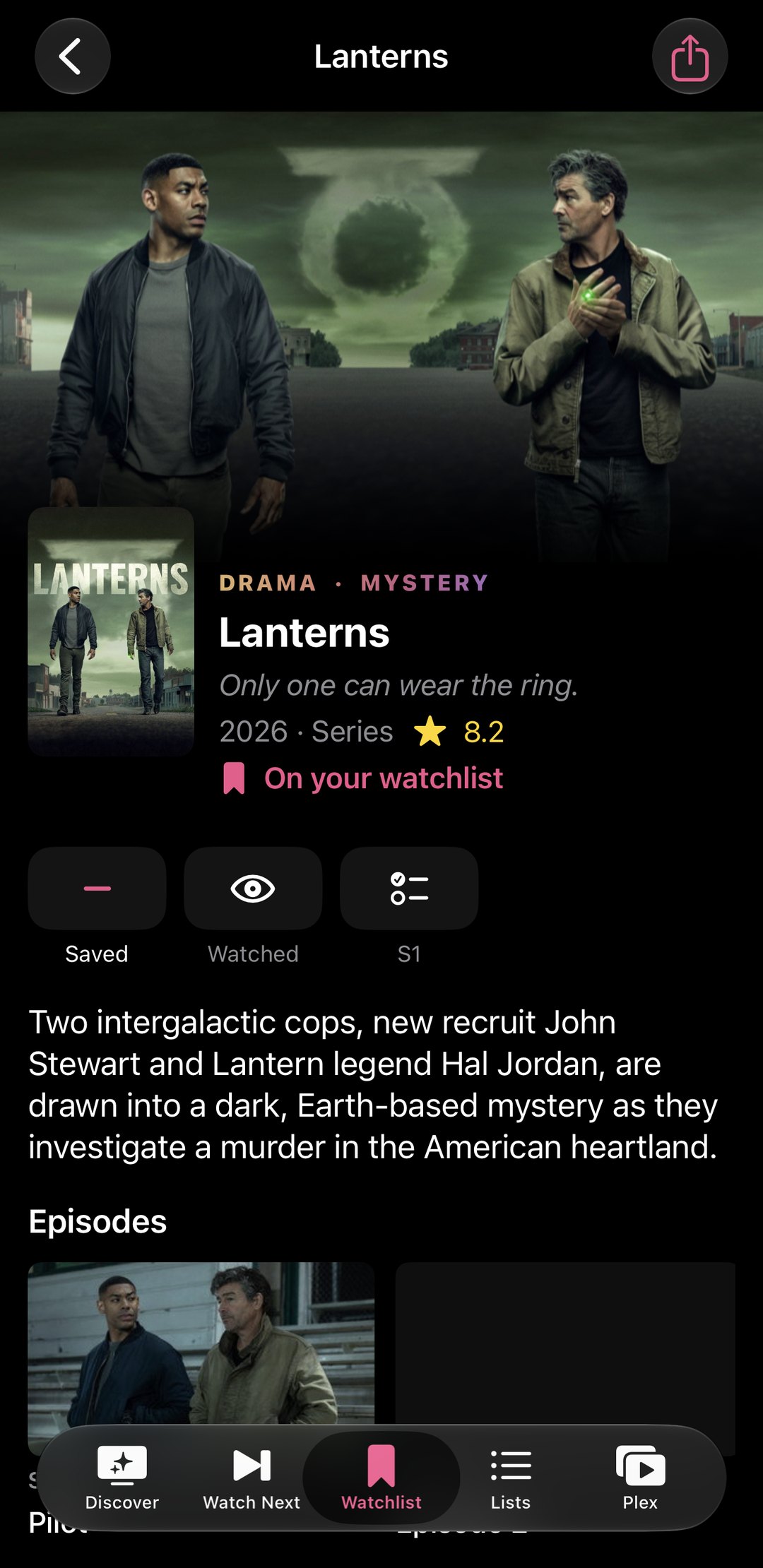 A series detail page on iPhone showing watchlist status, cast, and where to watch