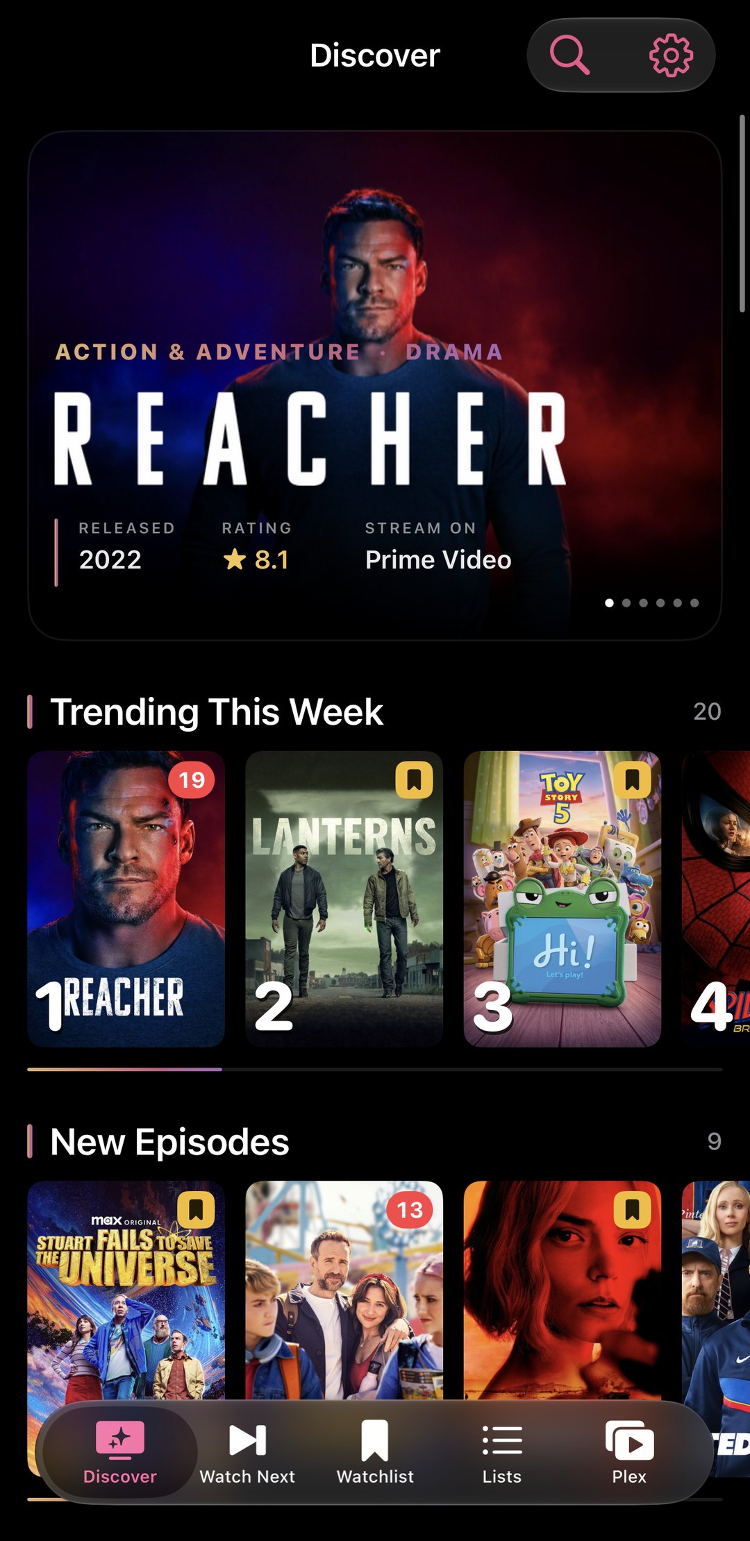 WatchQueue Discover on iPhone with a hero and Trending This Week row