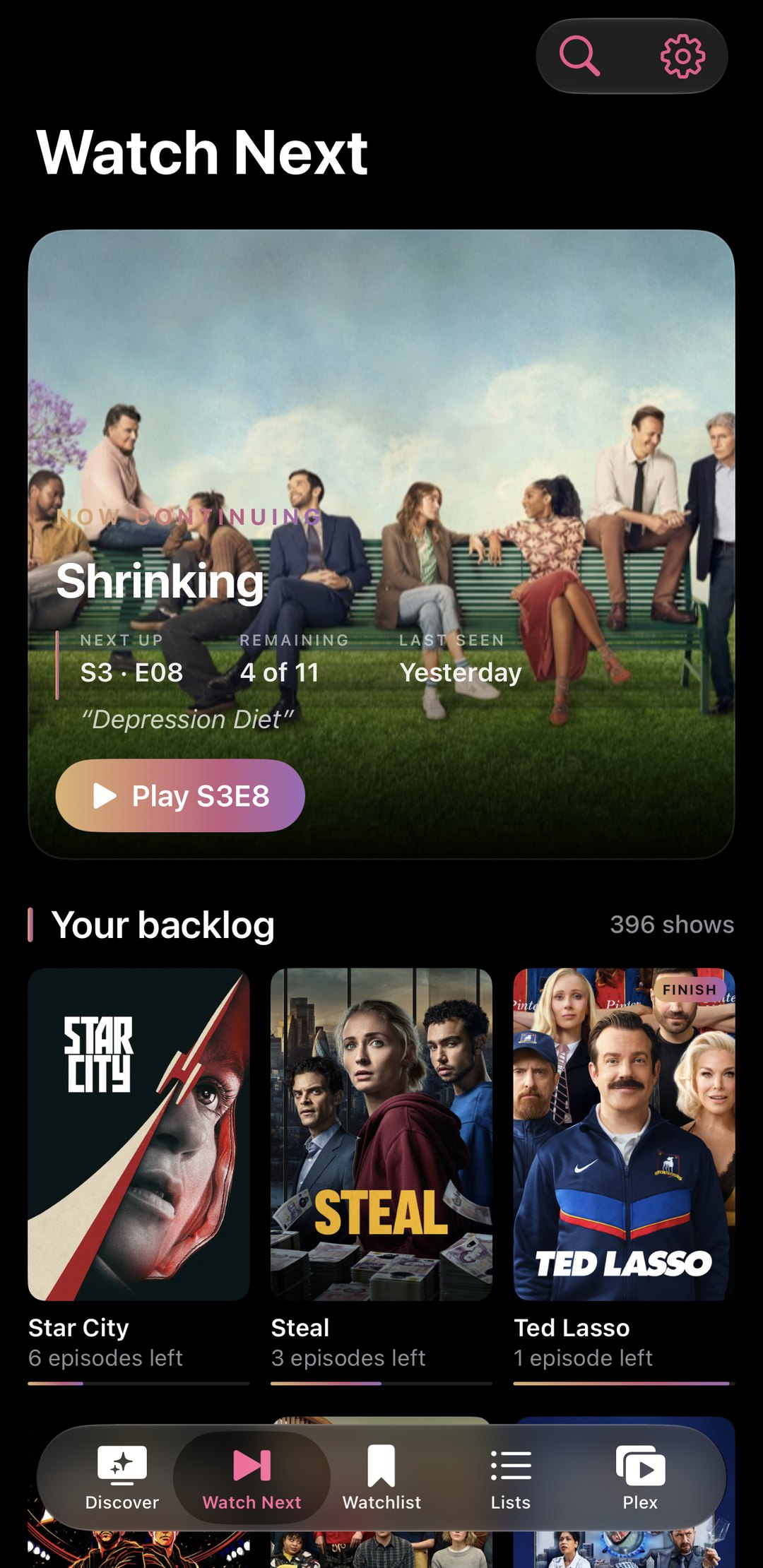 Watch Next on iPhone showing the next episode and your backlog