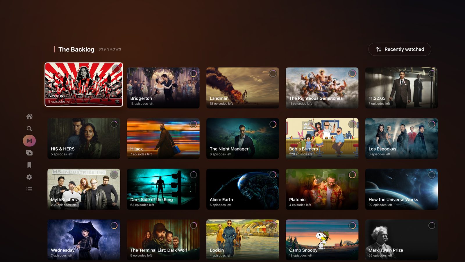 The Backlog grid on Apple TV with landscape cards and episodes-remaining badges