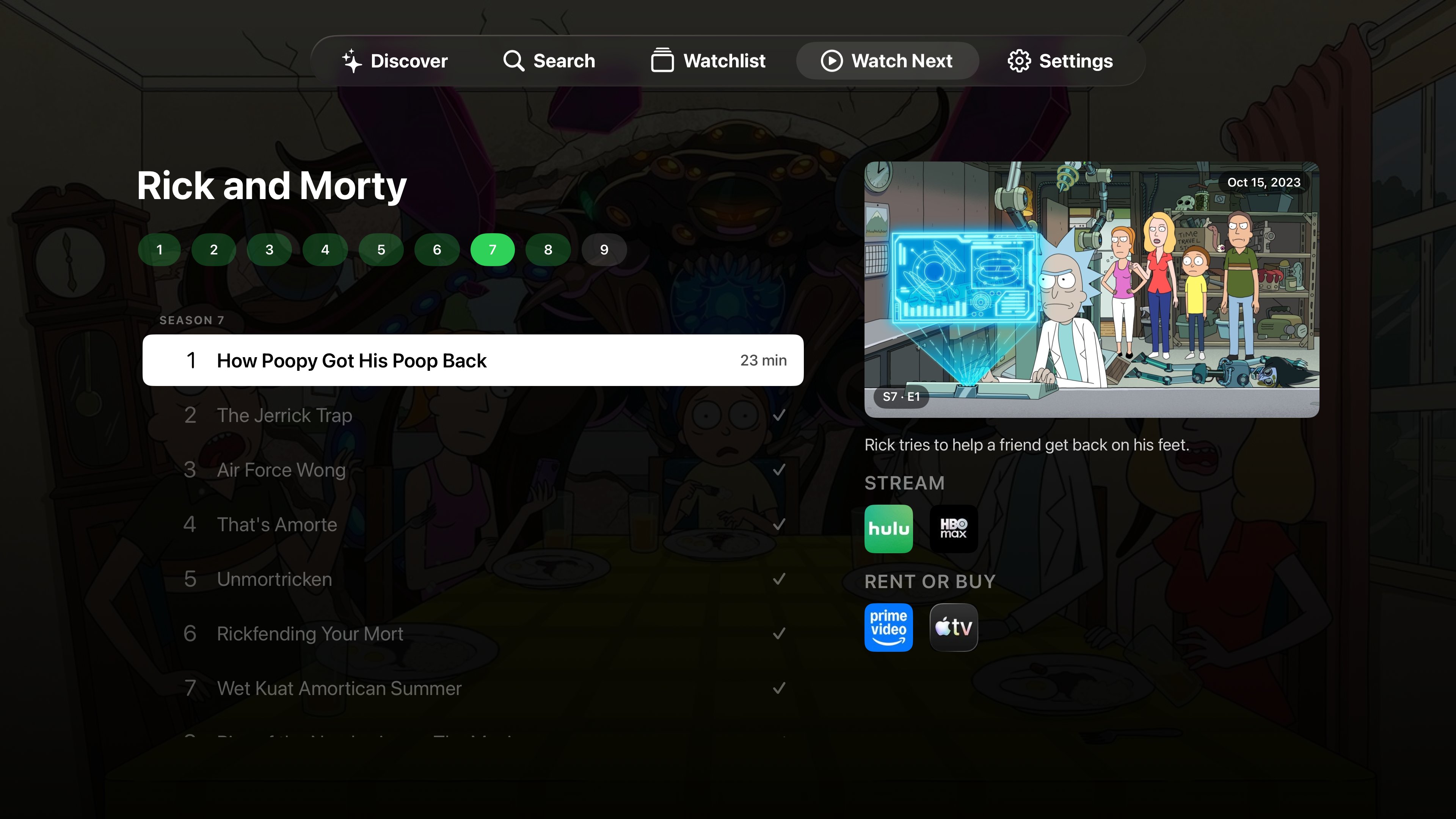 Episode tracker showing the next unwatched episode of a series with streaming options