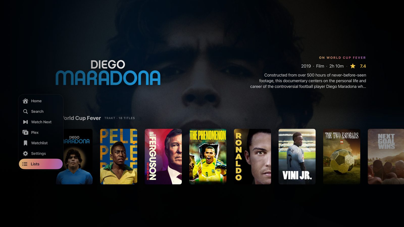 The Lists tab on Apple TV showing a themed list of poster art