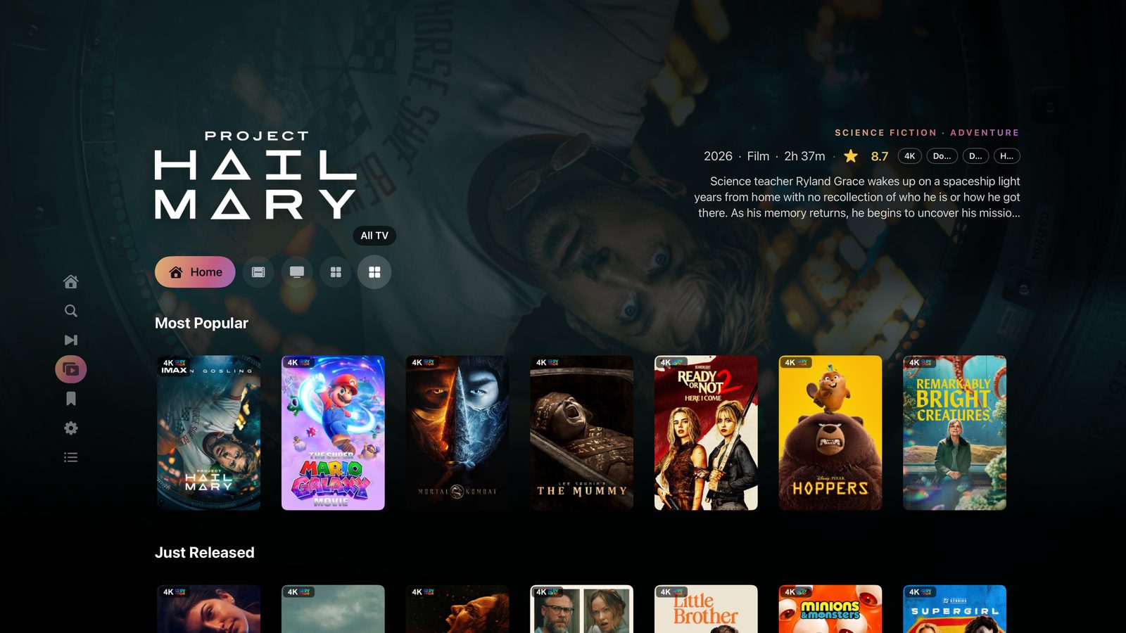 The Plex tab on Apple TV browsing a personal library with Most Popular and Just Released rows