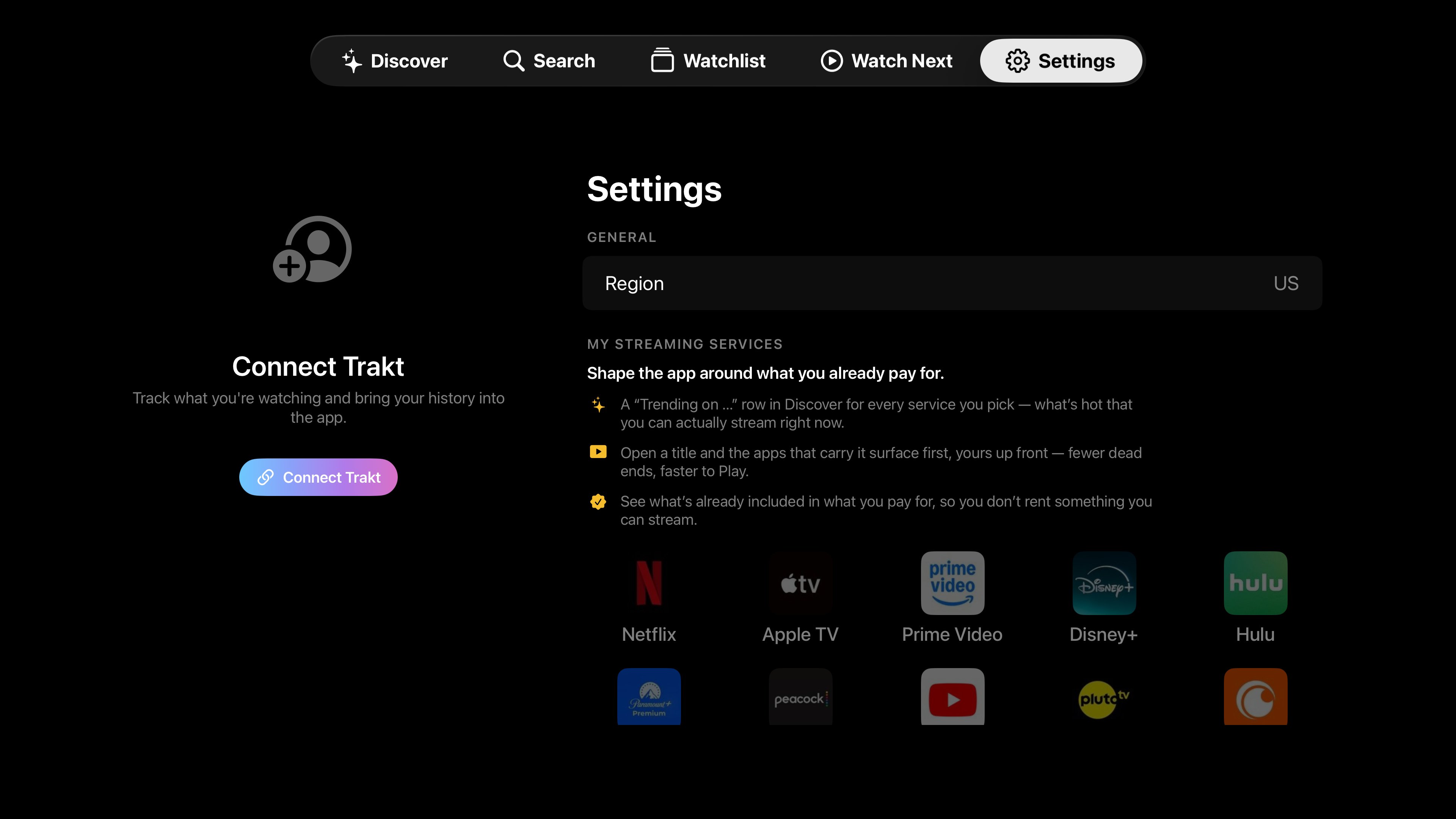 Settings screen for selecting your streaming services