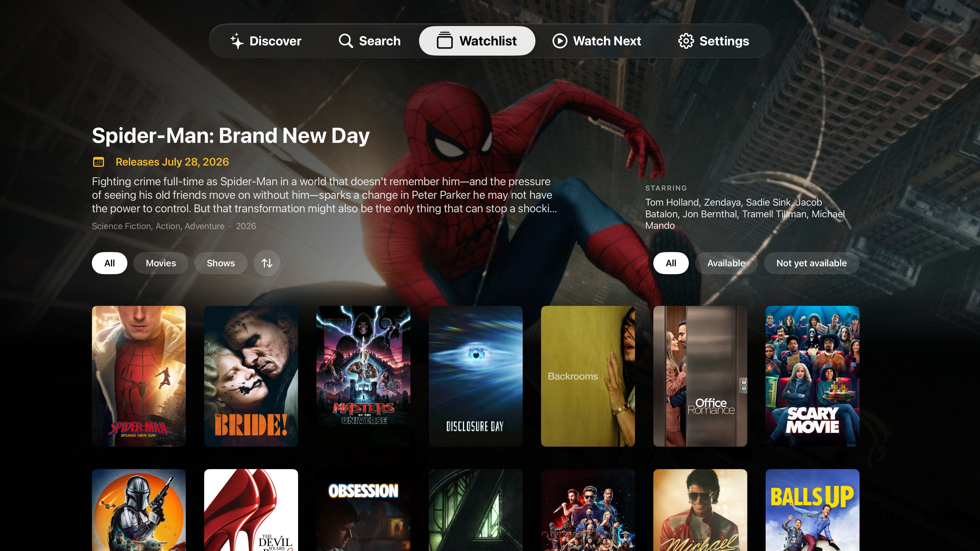 WatchQueue watchlist on Apple TV showing a grid of movie and show posters