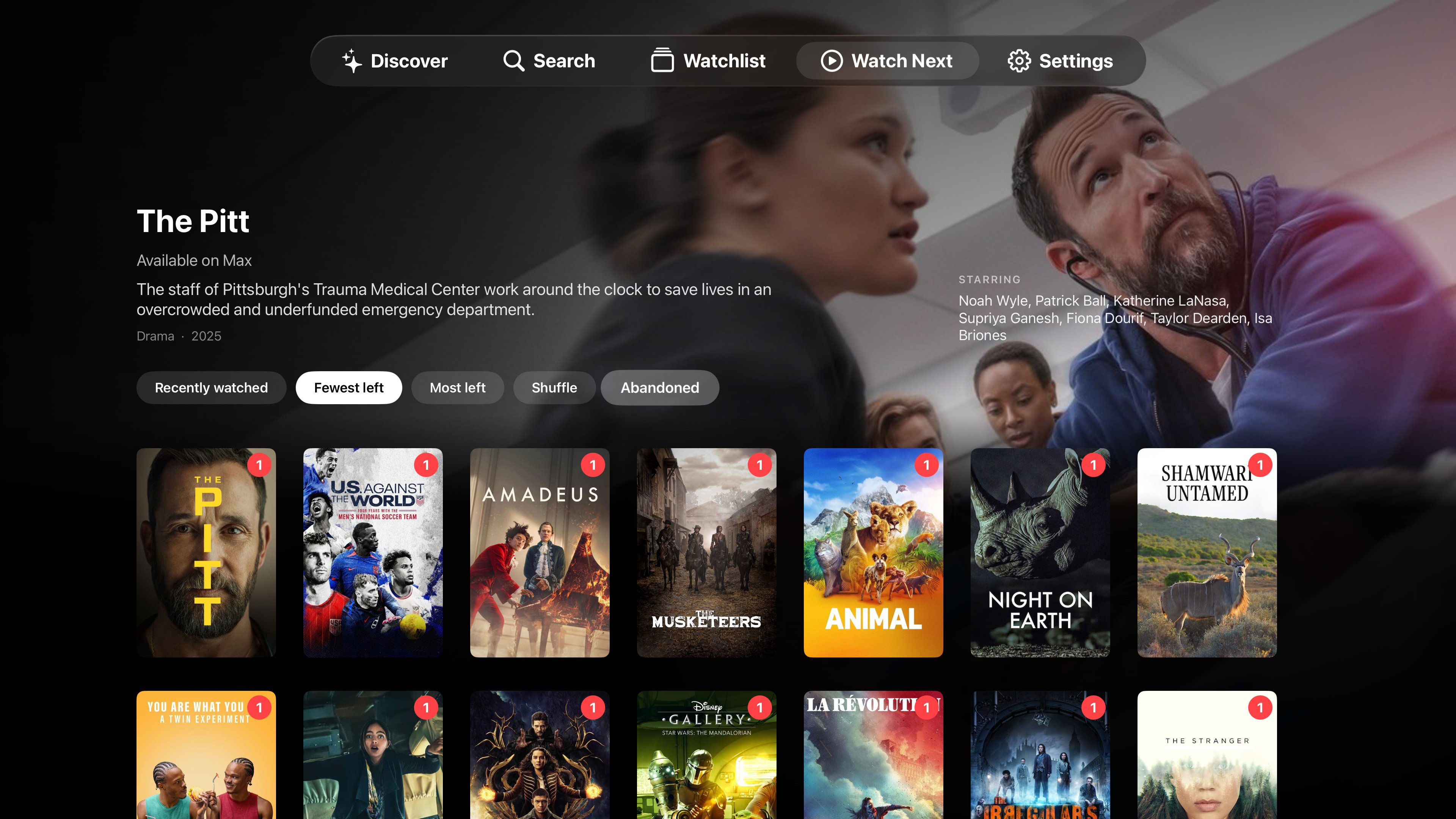 Watch Next grid with sort filters and episodes-remaining badges