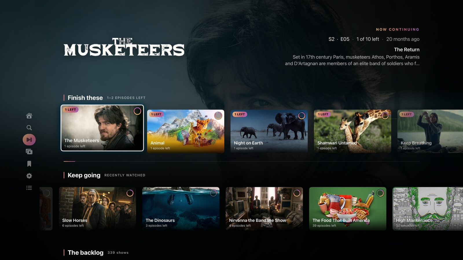 Watch Next on Apple TV with Finish these, Keep going, and Backlog rails