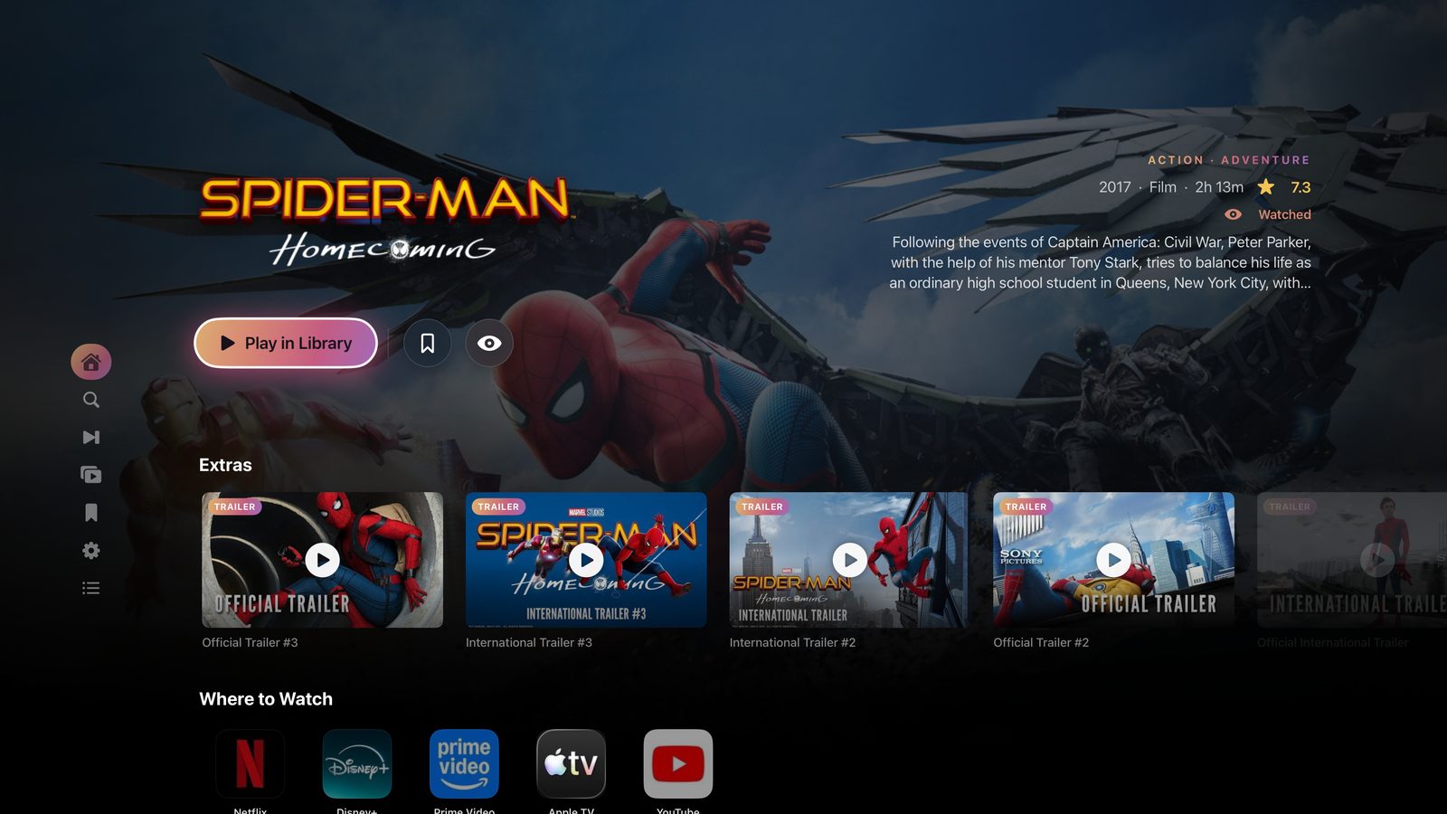 A movie detail page on Apple TV showing trailers and where-to-watch streaming options